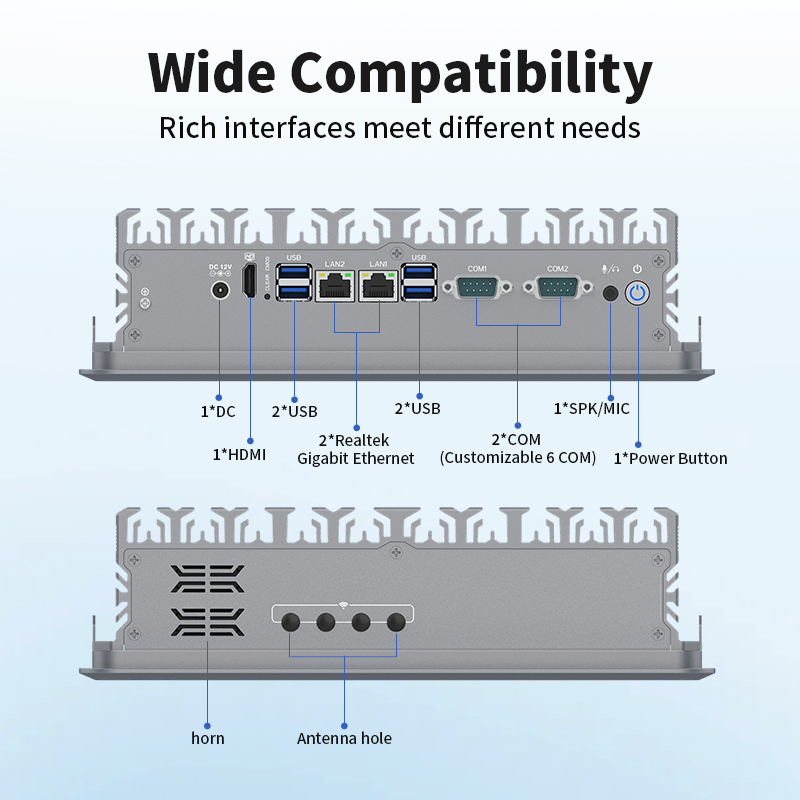 10.1 inch Fanless Aluminum Alloy IP65 Industrial All in One Computer with 4 COM Dual LAN Intel Core 12V