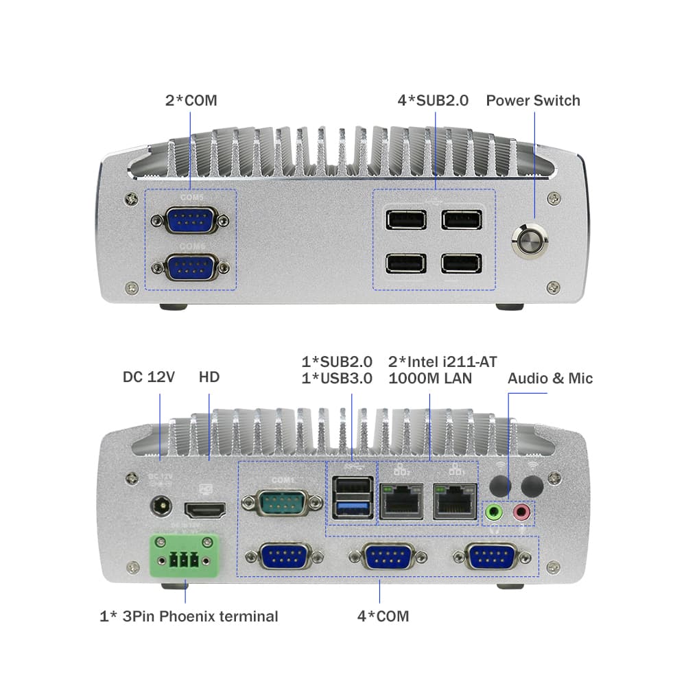 6 COM Ports Fanless Industrial Mini PC Intel J1900 Quad Core Embedded PC Dual LAN Rugged Gateway